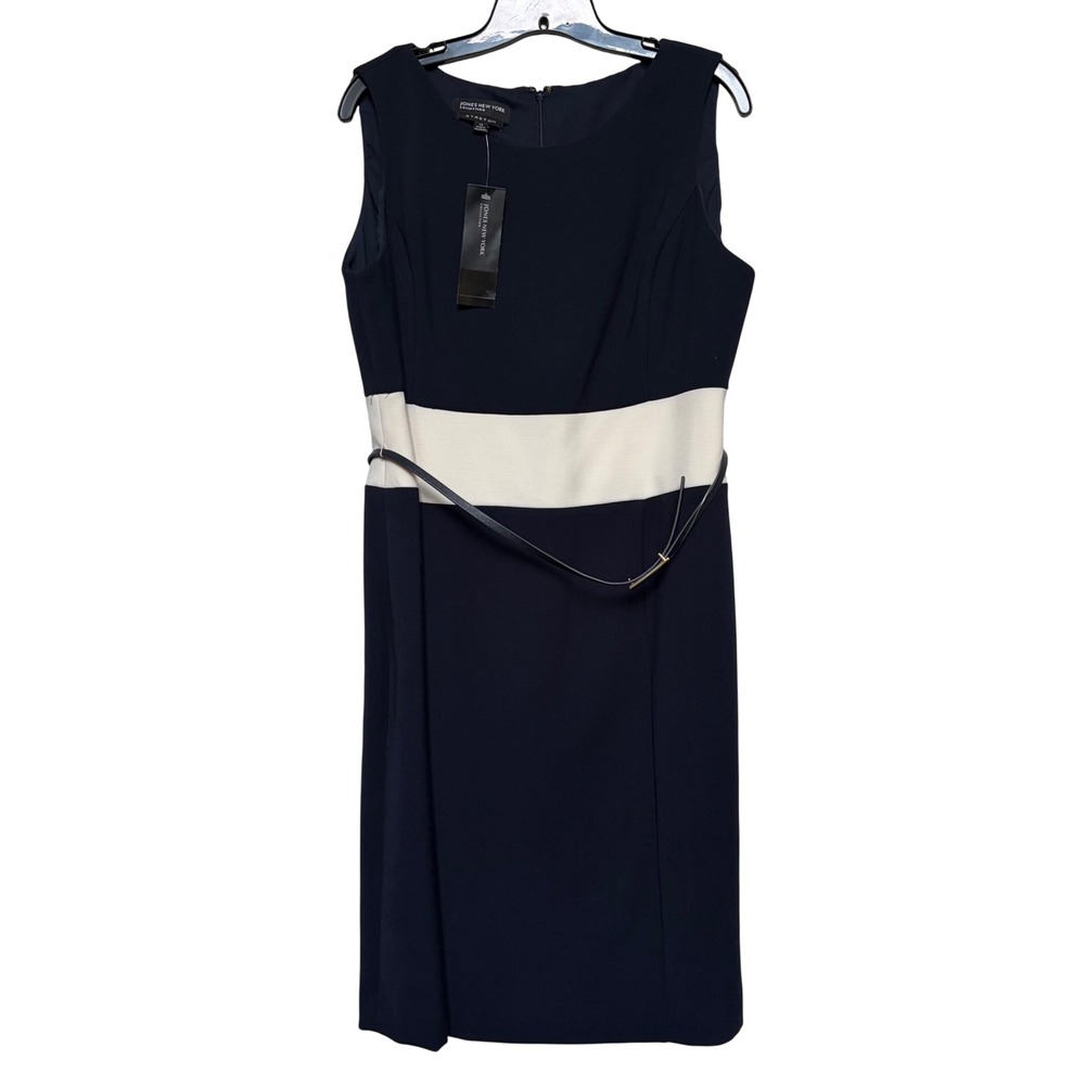 Jones New York Navy Blue Cream Colorblock Belted Sheath Dress 14 NWT Office Work